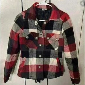 Kavu Women's‎ XS Black Red Checkered Quilted Button Down Flannel Coat Jacket